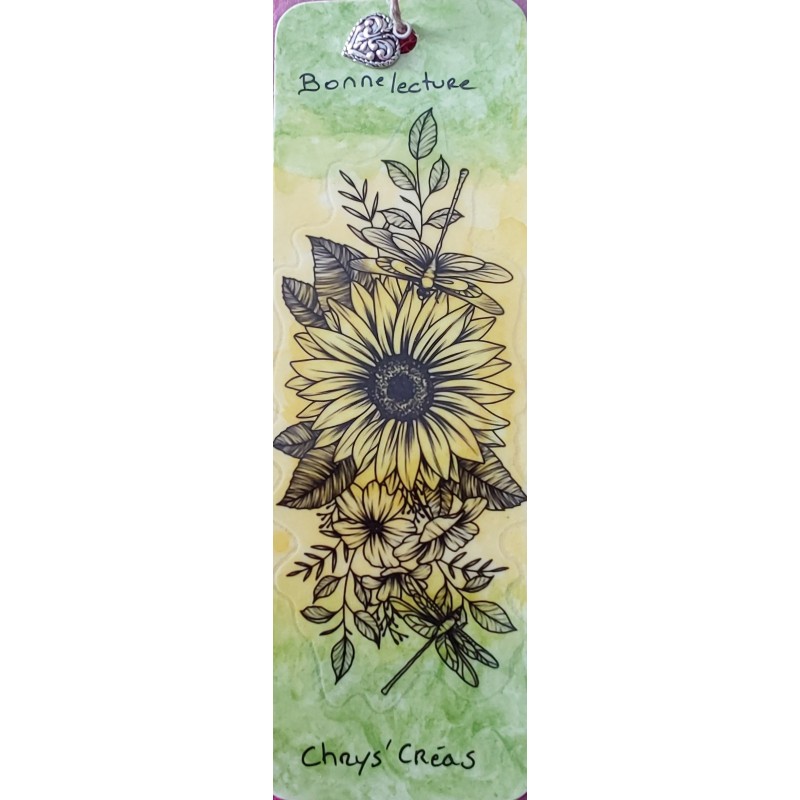 Marque-page bonne lecture, fleurs de tournesol, petites fleurs et libellules, vert et jaune
