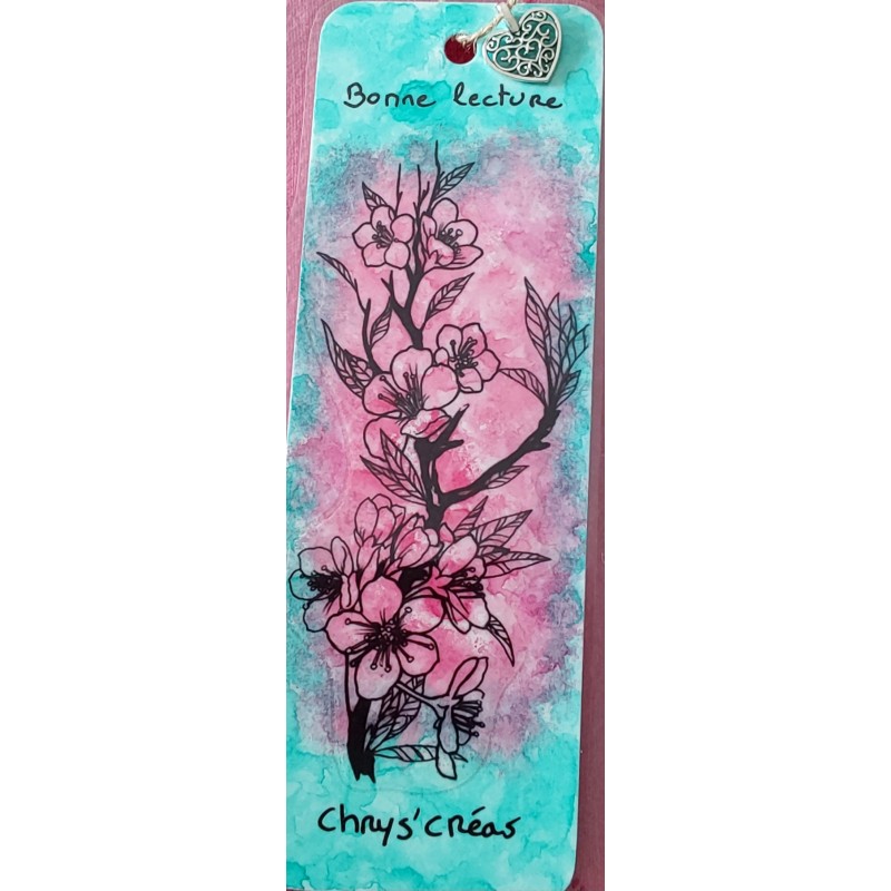 Marque-page aquarelle vert et rose, bonne lecture, fleurs de cerisiers