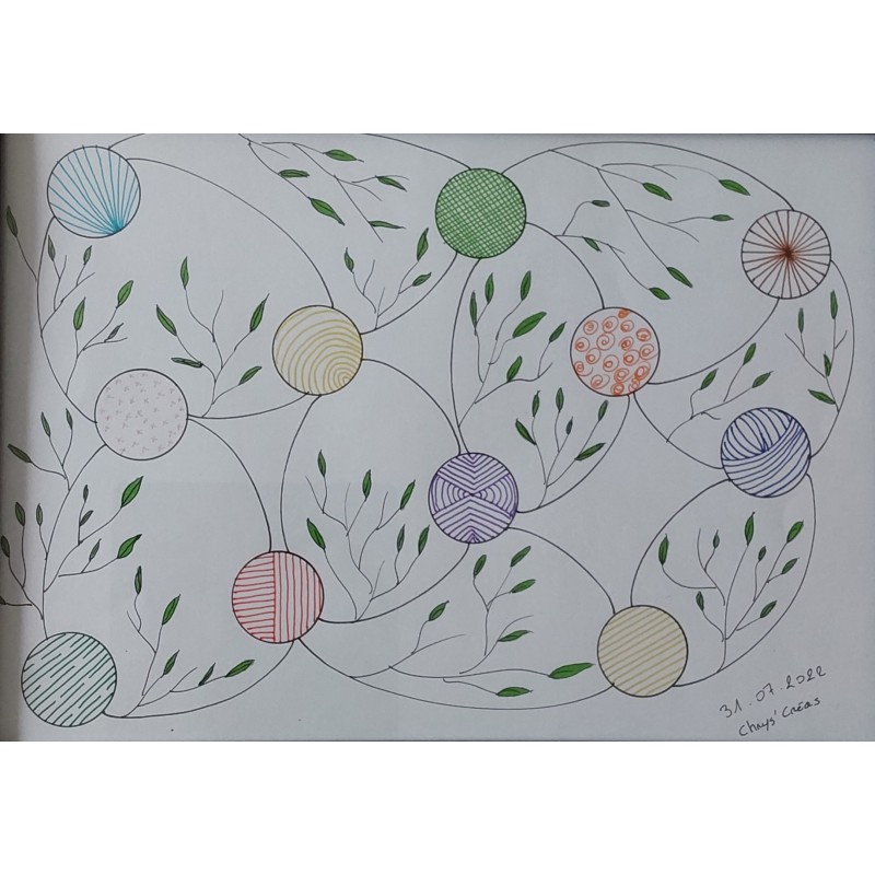 Dessin abstrait de cercles de couleurs reliés avec des feuilles