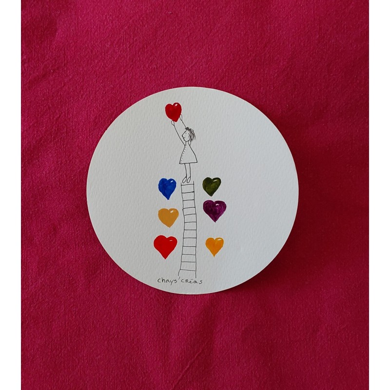 Carte ronde, aquarelle, petite fille et cœurs de différentes couleurs
