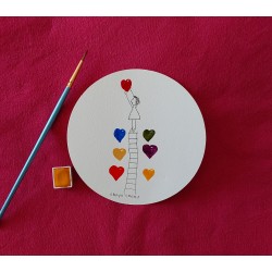 Carte ronde, aquarelle, petite fille et cœurs de différentes couleurs