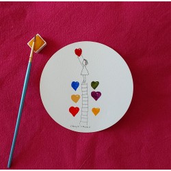 Carte ronde, aquarelle, petite fille et cœurs de différentes couleurs