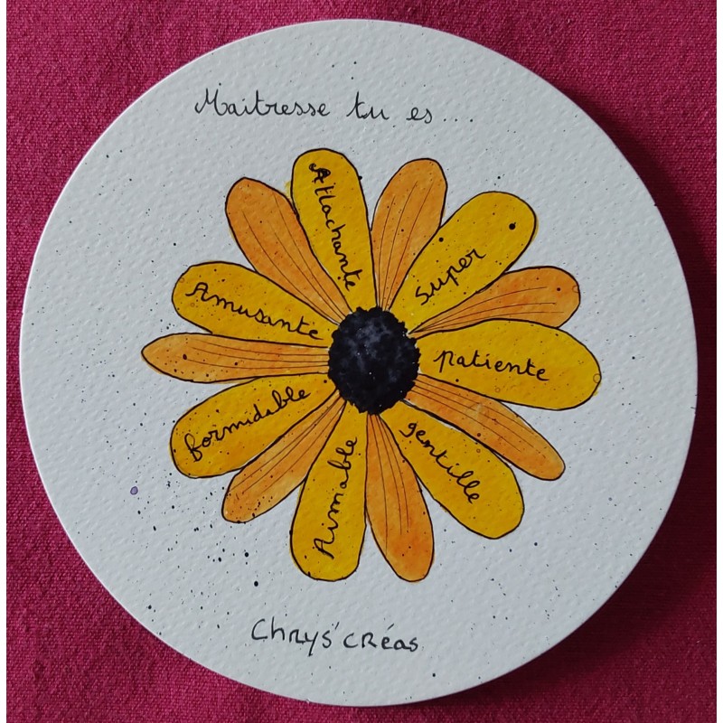 Carte ronde pour maîtresse, fleur jaune-orangé, style marguerite