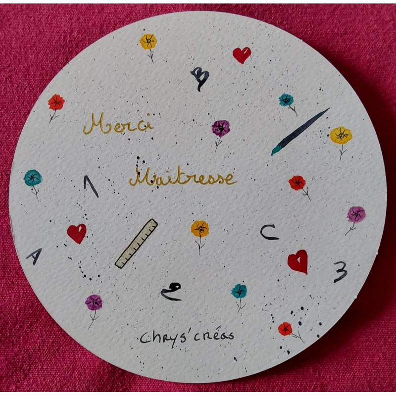 Carte ronde, aquarelle, merci maîtresse, fleurs, cœurs