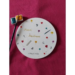 Carte ronde, aquarelle, merci maîtresse, fleurs, cœurs