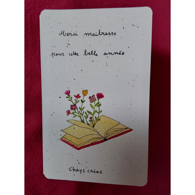 Carte double, aquarelle, merci maîtresse pour cette belle année, livre avec fleurs