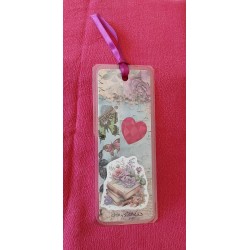 Marque-page, scrapbooking, livres, fleurs, coeur fushia 1