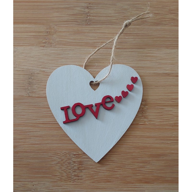 Cœur blanc en bois, aquarelle, love avec 4 coeurs