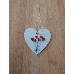 Cœur blanc en bois, 6 ballons coeurs en bois rouges