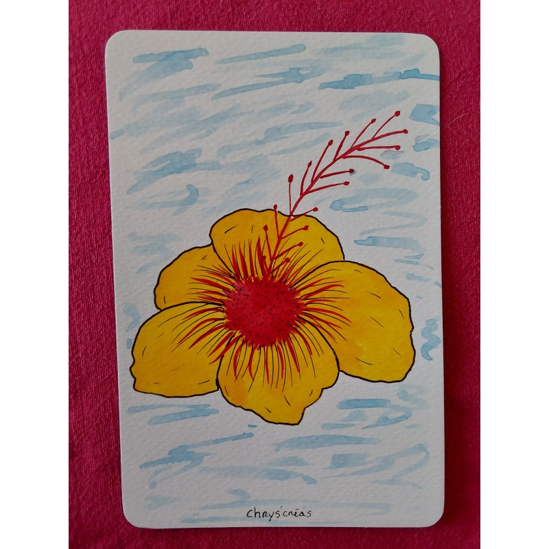 Carte simple, aquarelle, fleur tropicale, hibiscus jaune et rouge