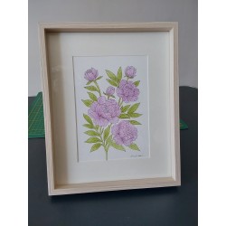 Tableau, aquarelle, 6 fleurs pourpres et feuillage